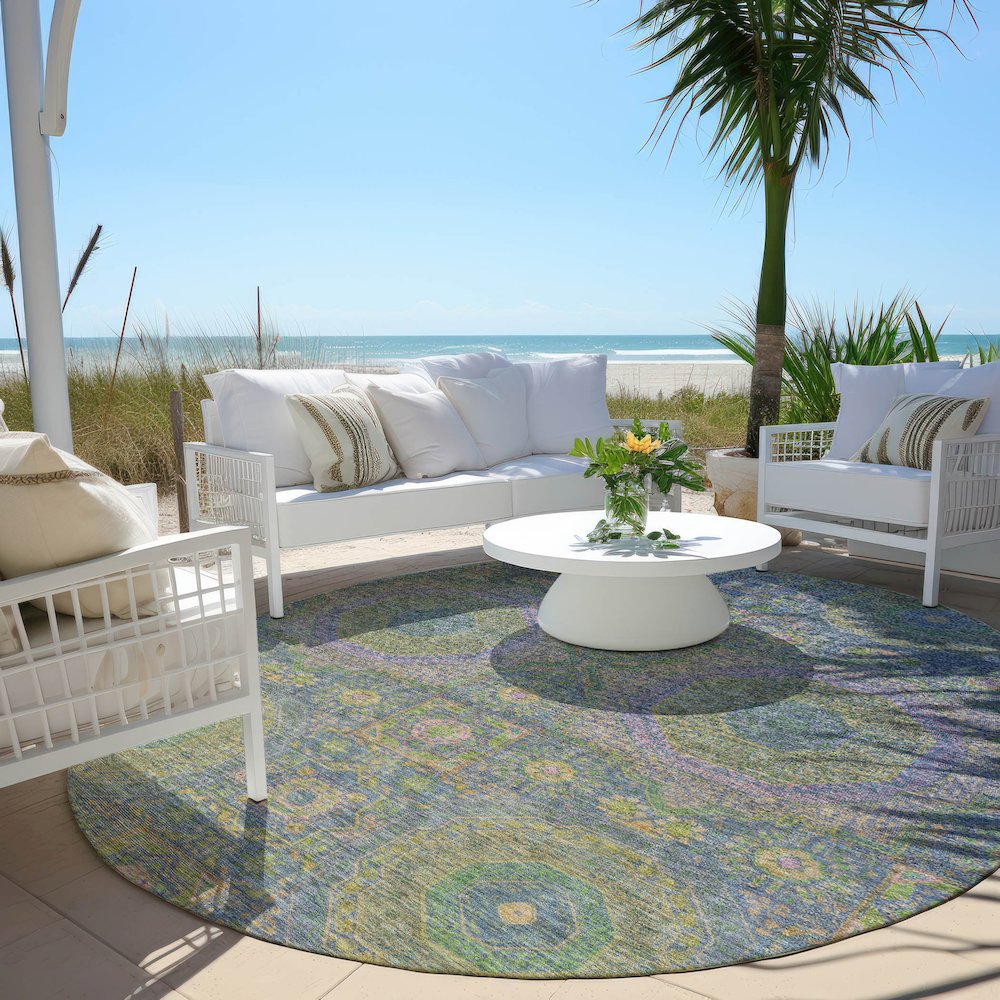Machine Washable Indoor/Outdoor Chantille Blue 8' x 8' Round Rug. Picture 6