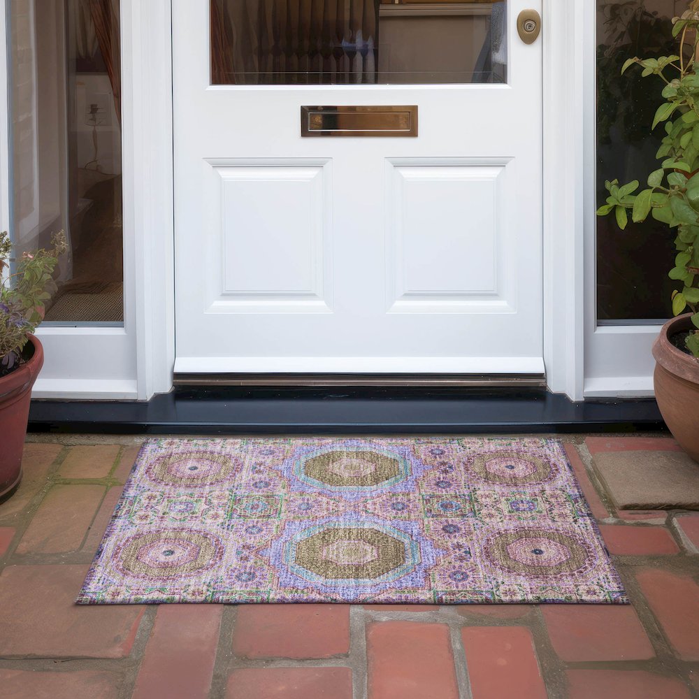 Machine Washable Indoor/Outdoor Chantille Pink 1'8" x 2'6" Rug. Picture 6