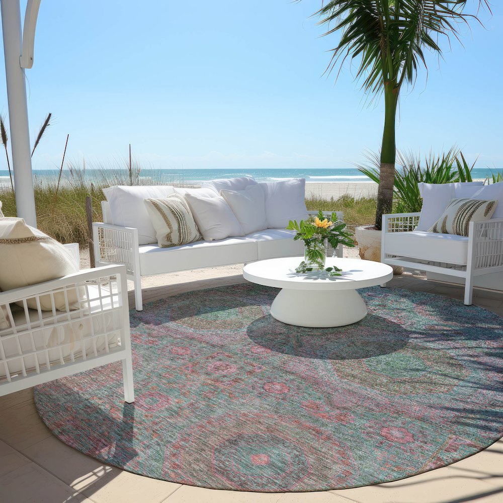 Machine Washable Indoor/Outdoor Chantille Teal 8' x 8' Round Rug. Picture 6