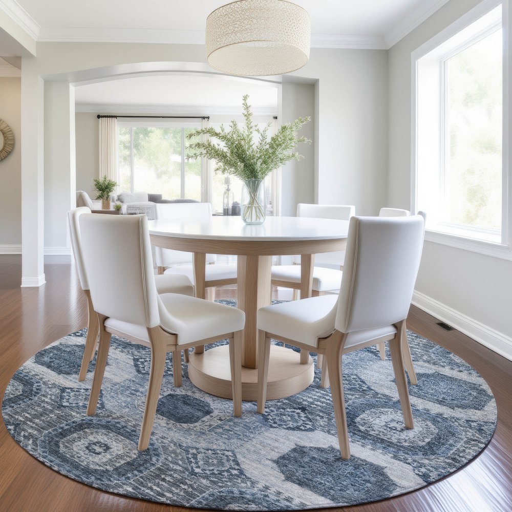 Machine Washable Indoor/Outdoor Chantille Blue 8' x 8' Round Rug. Picture 5