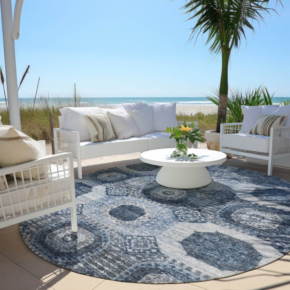 Machine Washable Indoor/Outdoor Chantille Blue 8' x 8' Round Rug. Picture 6