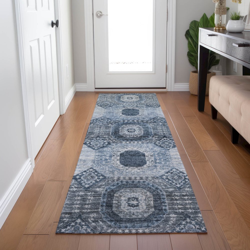 Machine Washable Indoor/Outdoor Chantille Blue 2'3" x 7'6" Runner Rug. Picture 5