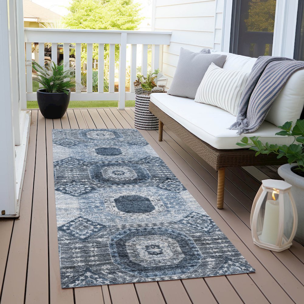 Machine Washable Indoor/Outdoor Chantille Blue 2'3" x 7'6" Runner Rug. Picture 6