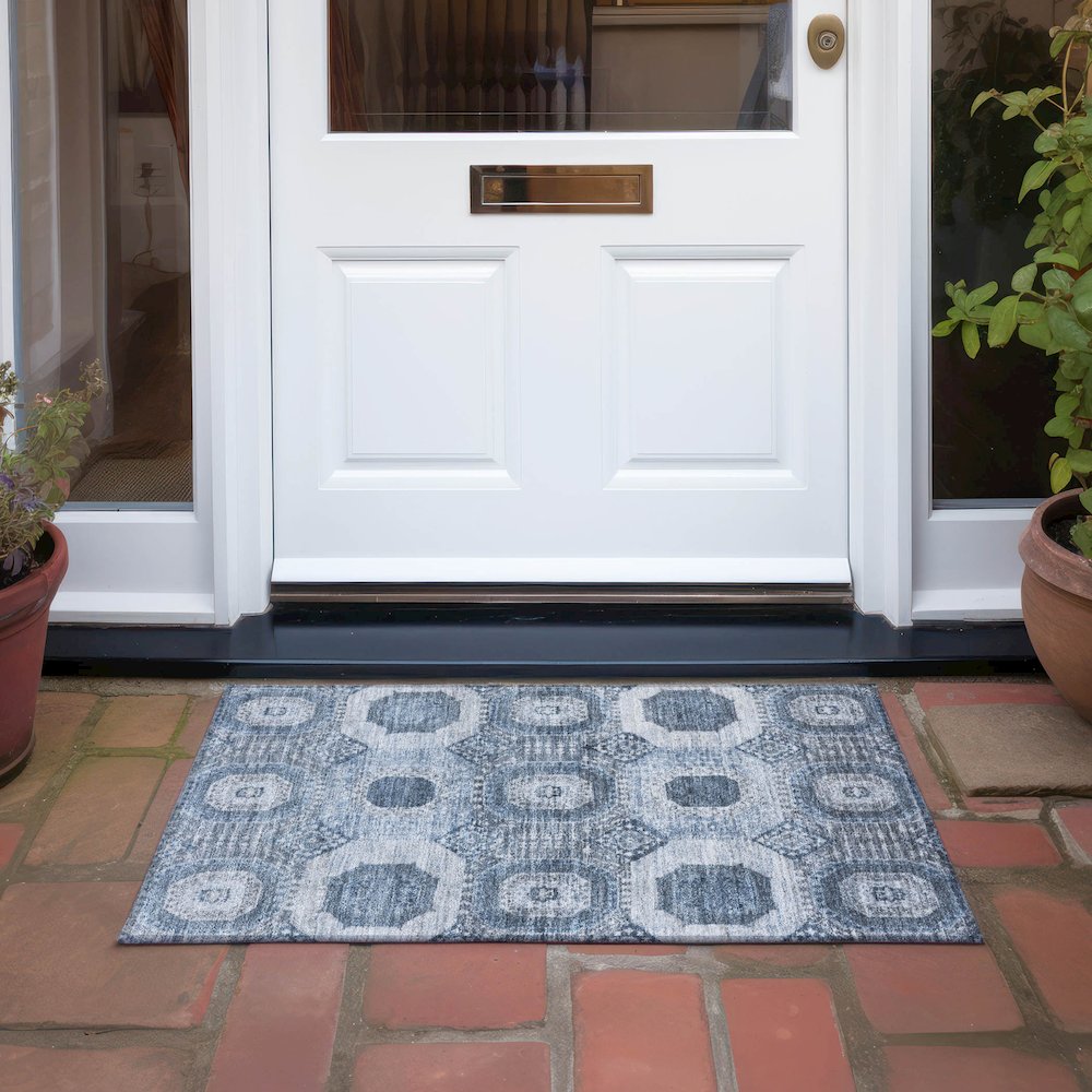 Machine Washable Indoor/Outdoor Chantille Blue 1'8" x 2'6" Rug. Picture 6