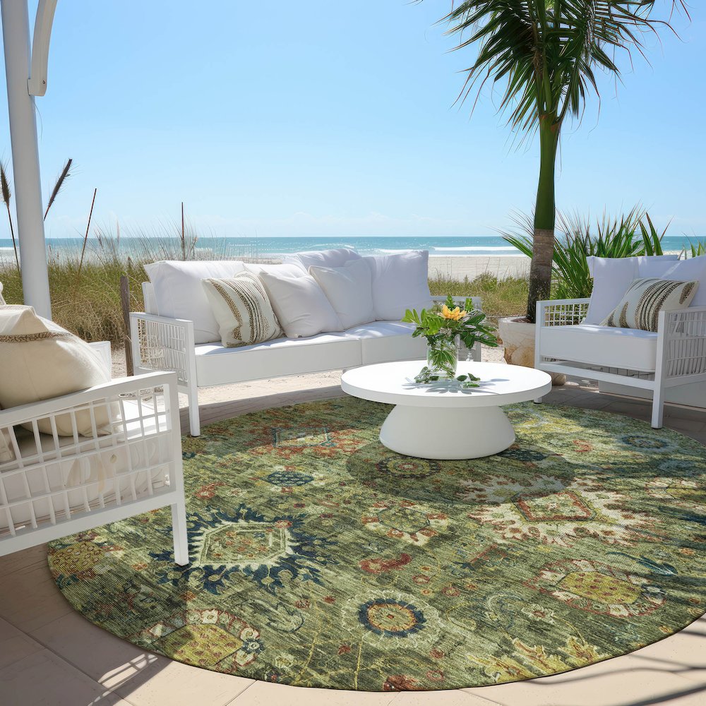 Machine Washable Indoor/Outdoor Chantille Aloe 8' x 8' Round Rug. Picture 6