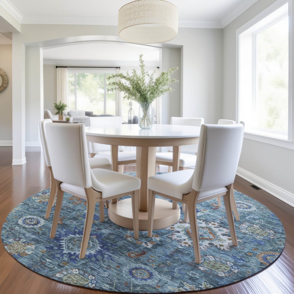 Machine Washable Indoor/Outdoor Chantille Blue 8' x 8' Round Rug. Picture 5