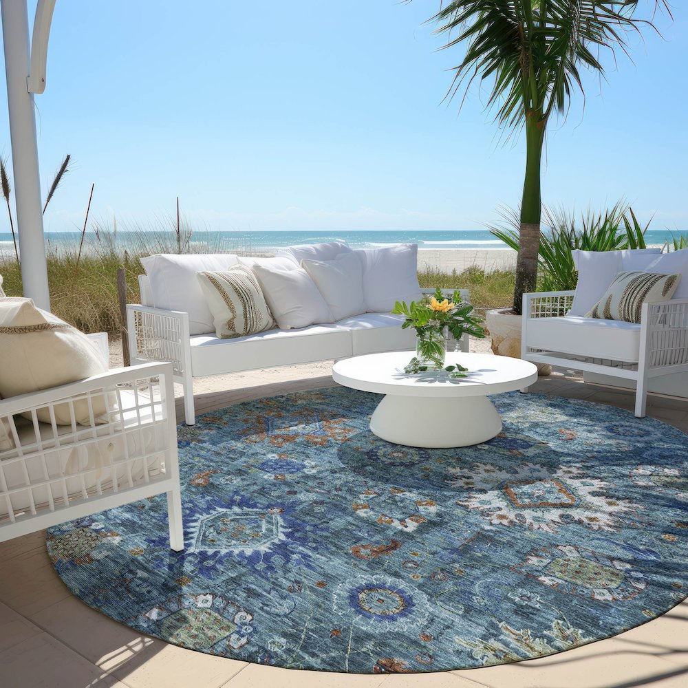 Machine Washable Indoor/Outdoor Chantille Blue 8' x 8' Round Rug. Picture 6