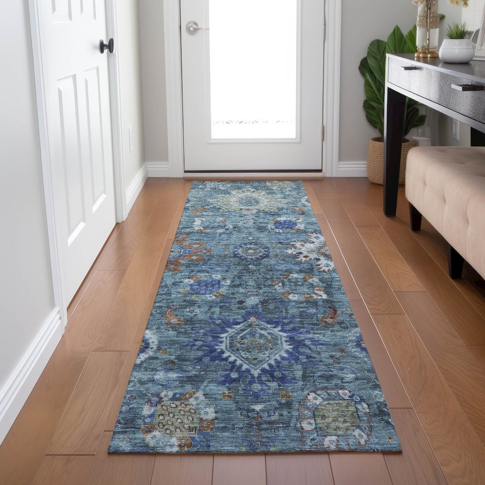 Machine Washable Indoor/Outdoor Chantille Blue 2'3" x 7'6" Runner Rug. Picture 5