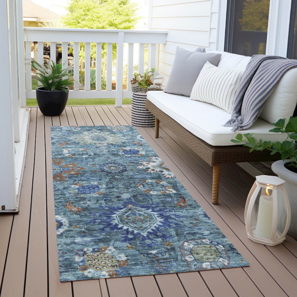 Machine Washable Indoor/Outdoor Chantille Blue 2'3" x 7'6" Runner Rug. Picture 6