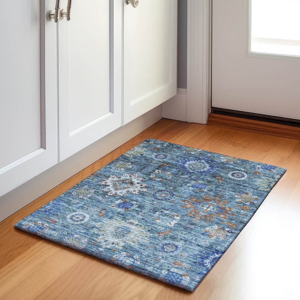 Machine Washable Indoor/Outdoor Chantille Blue 1'8" x 2'6" Rug. Picture 5