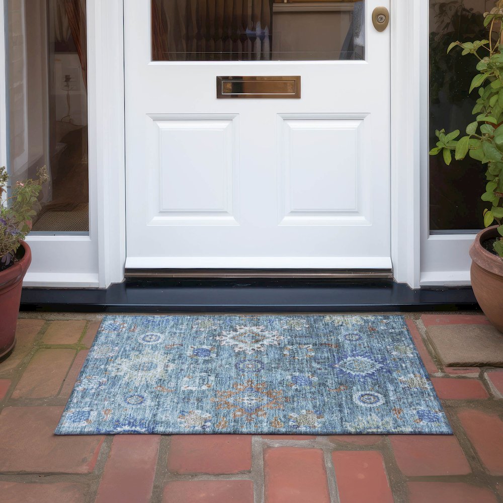 Machine Washable Indoor/Outdoor Chantille Blue 1'8" x 2'6" Rug. Picture 6
