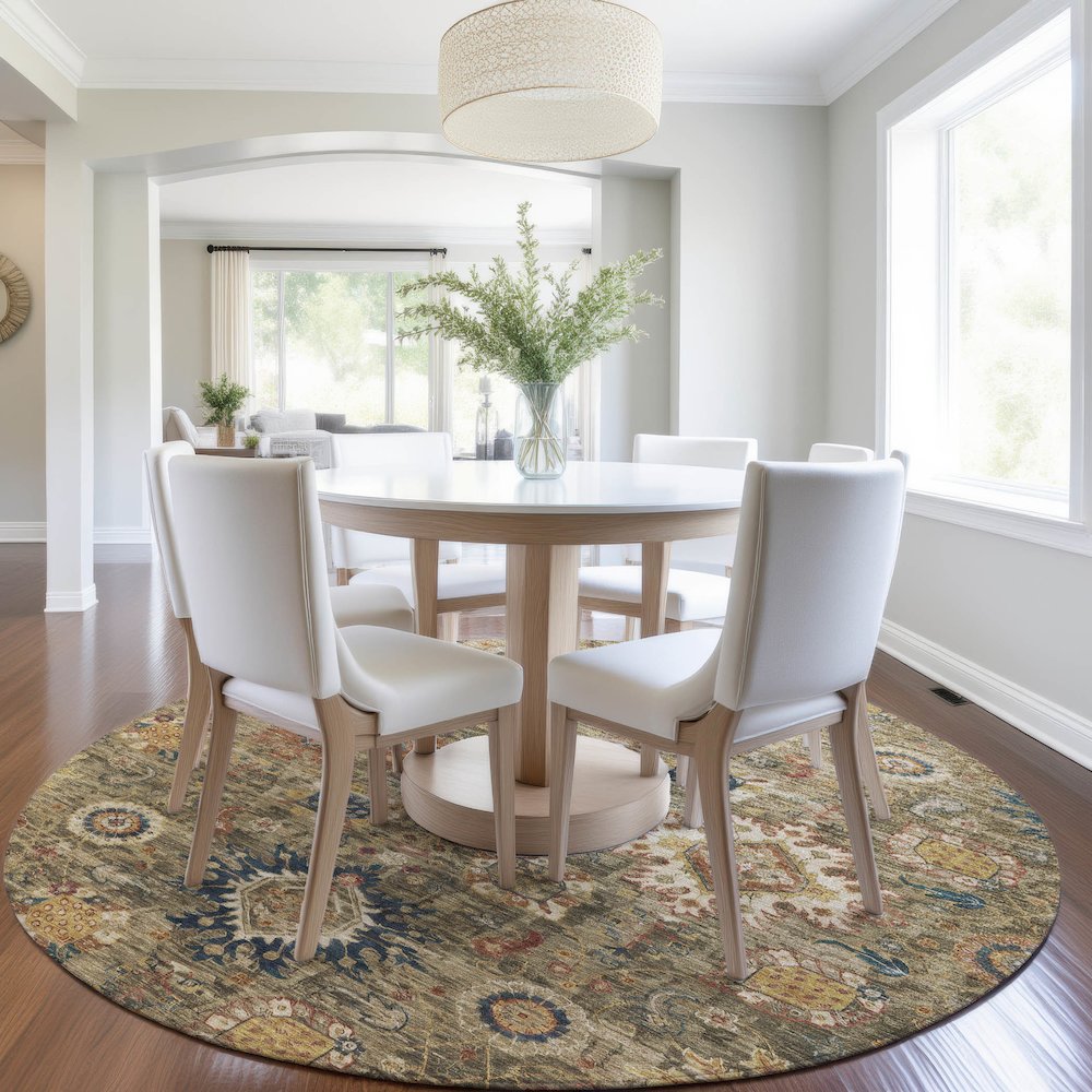 Machine Washable Indoor/Outdoor Chantille Brown 8' x 8' Round Rug. Picture 5