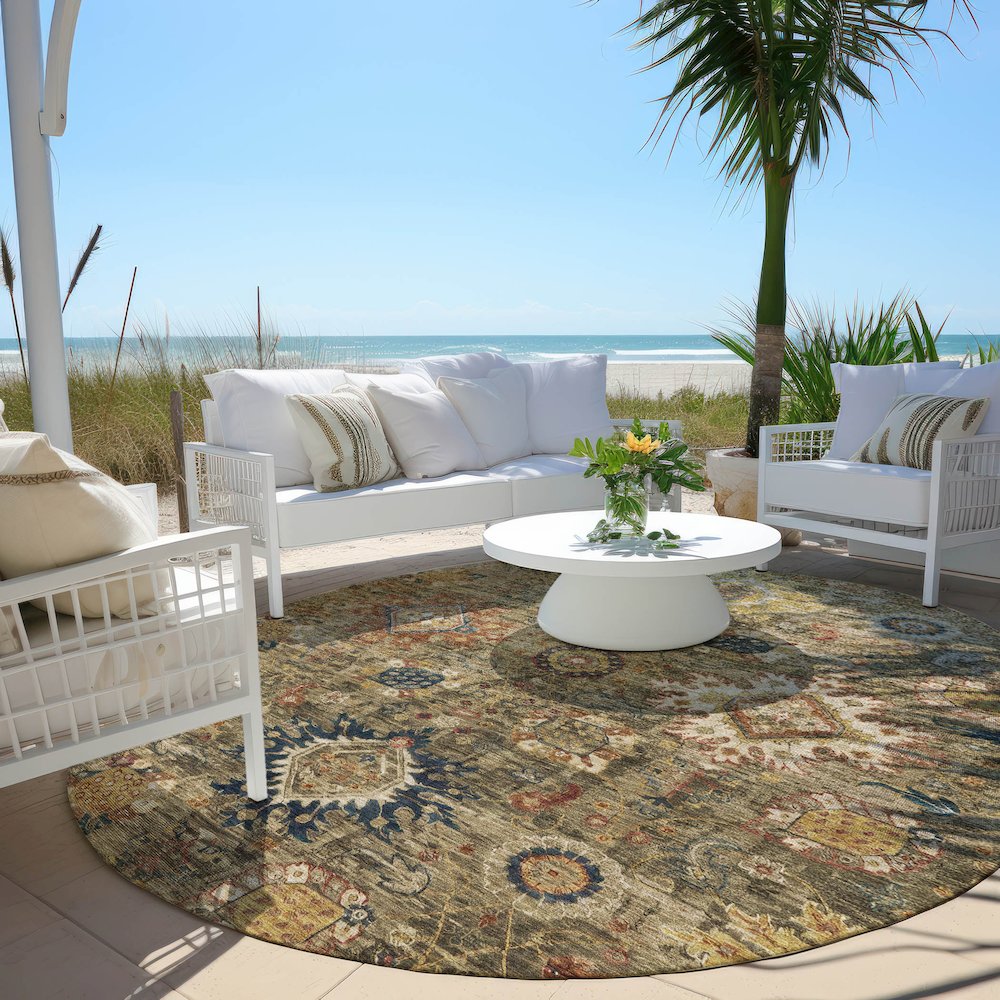 Machine Washable Indoor/Outdoor Chantille Brown 8' x 8' Round Rug. Picture 6