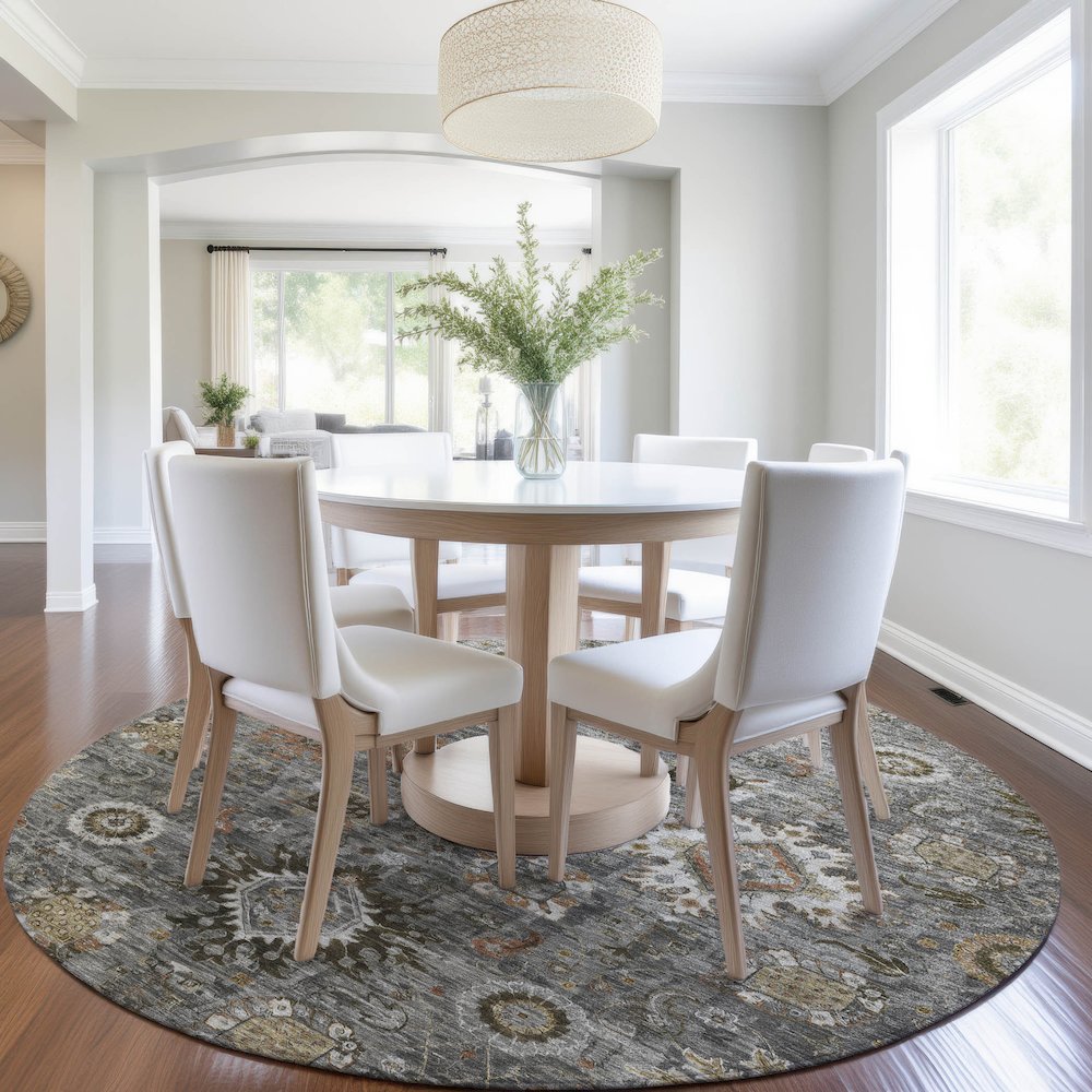 Machine Washable Indoor/Outdoor Chantille Pewter 8' x 8' Round Rug. Picture 5
