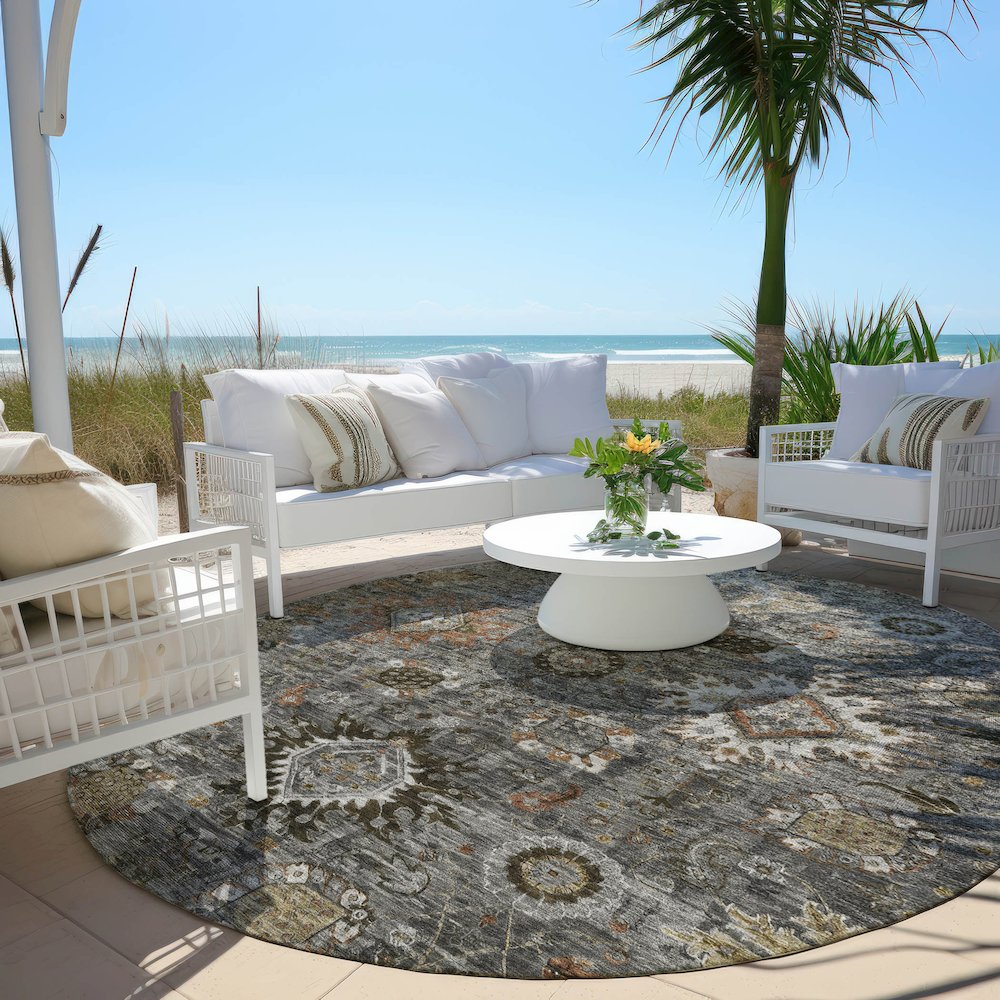 Machine Washable Indoor/Outdoor Chantille Pewter 8' x 8' Round Rug. Picture 6