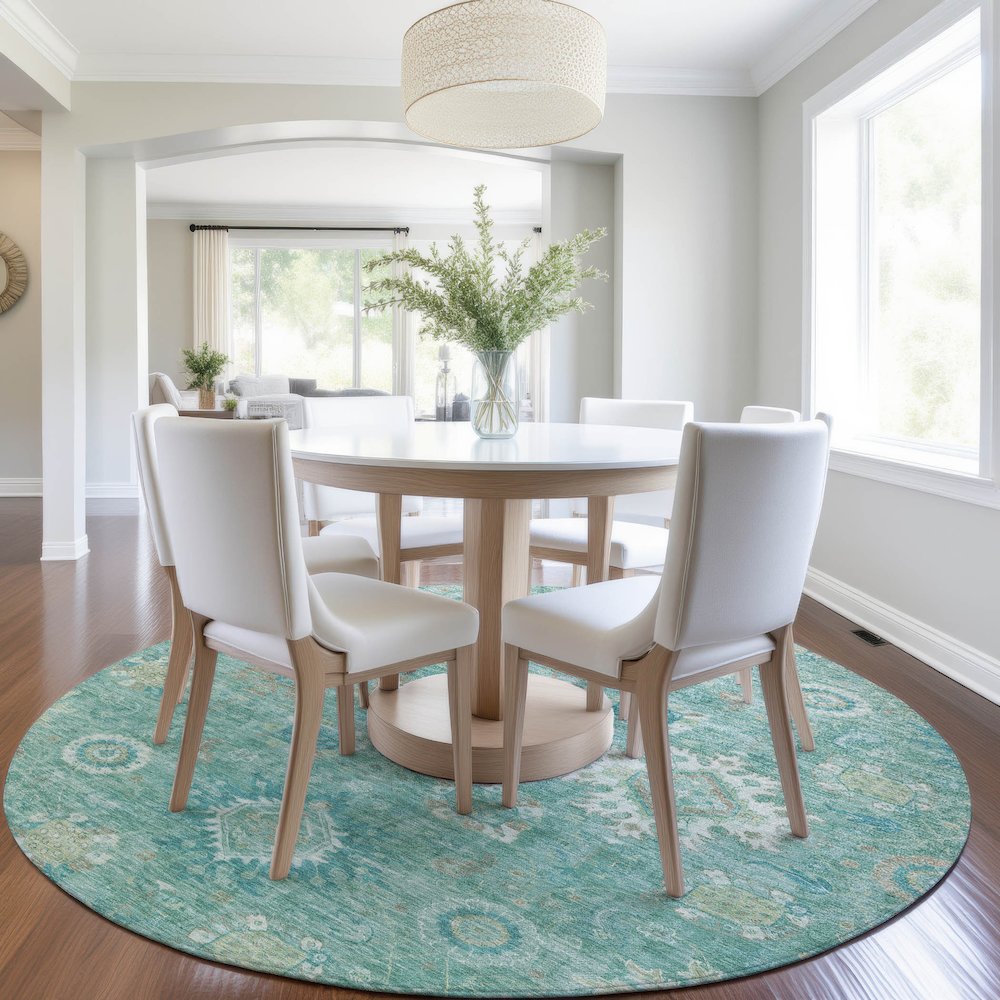 Machine Washable Indoor/Outdoor Chantille Teal 8' x 8' Round Rug. Picture 5