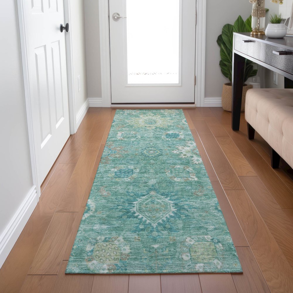 Machine Washable Indoor/Outdoor Chantille Teal 2'3" x 7'6" Runner Rug. Picture 5