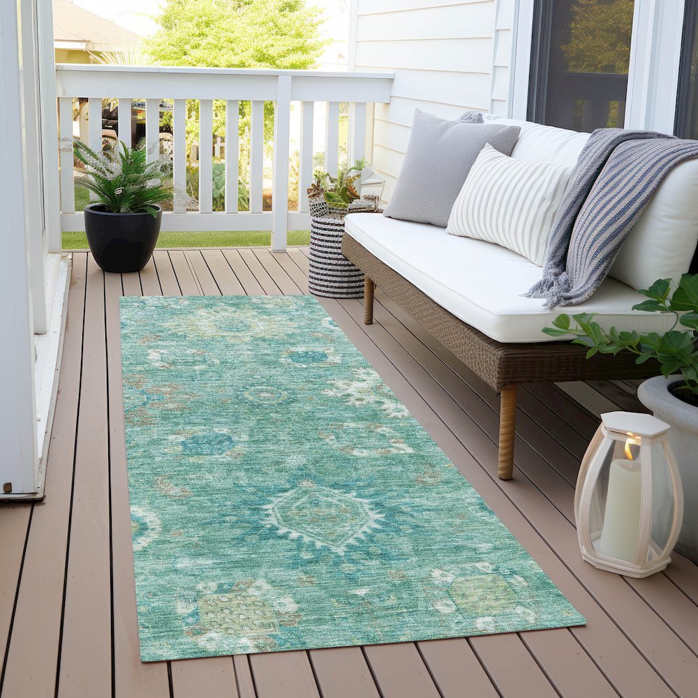 Machine Washable Indoor/Outdoor Chantille Teal 2'3" x 7'6" Runner Rug. Picture 6