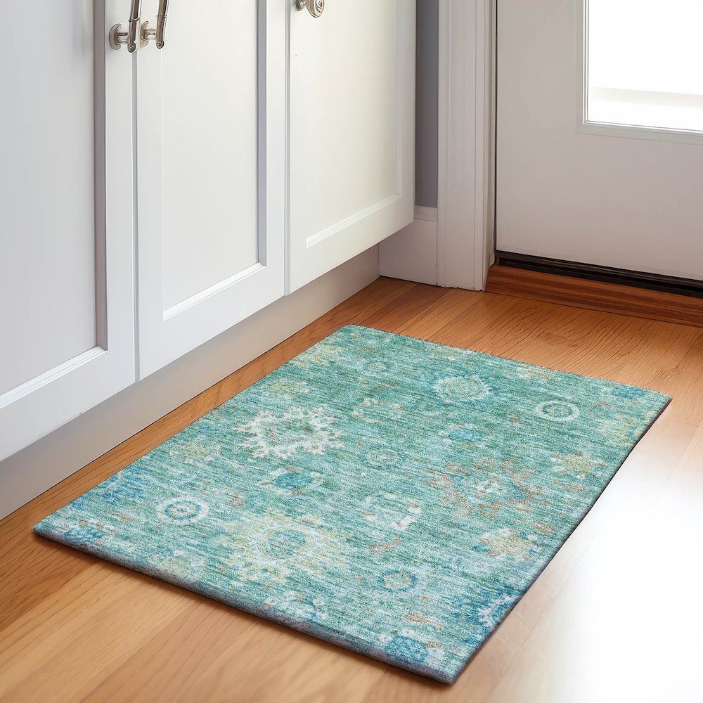 Machine Washable Indoor/Outdoor Chantille Teal 1'8" x 2'6" Rug. Picture 5