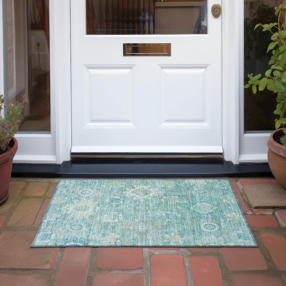 Machine Washable Indoor/Outdoor Chantille Teal 1'8" x 2'6" Rug. Picture 6