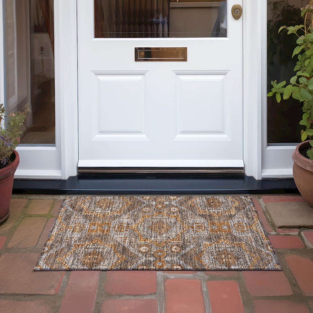 Machine Washable Indoor/Outdoor Chantille Copper 1'8" x 2'6" Rug. Picture 6