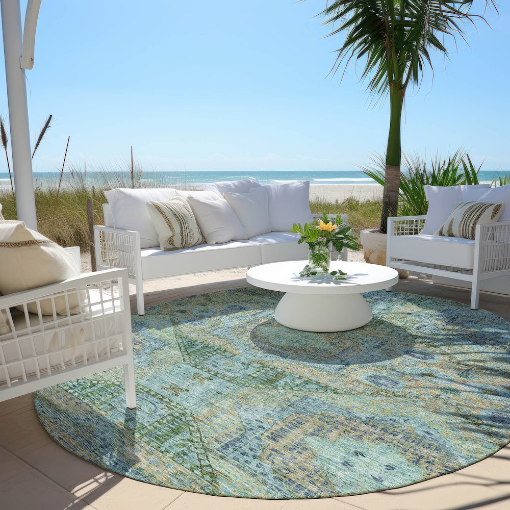 Machine Washable Indoor/Outdoor Chantille Green 8' x 8' Round Rug. Picture 6