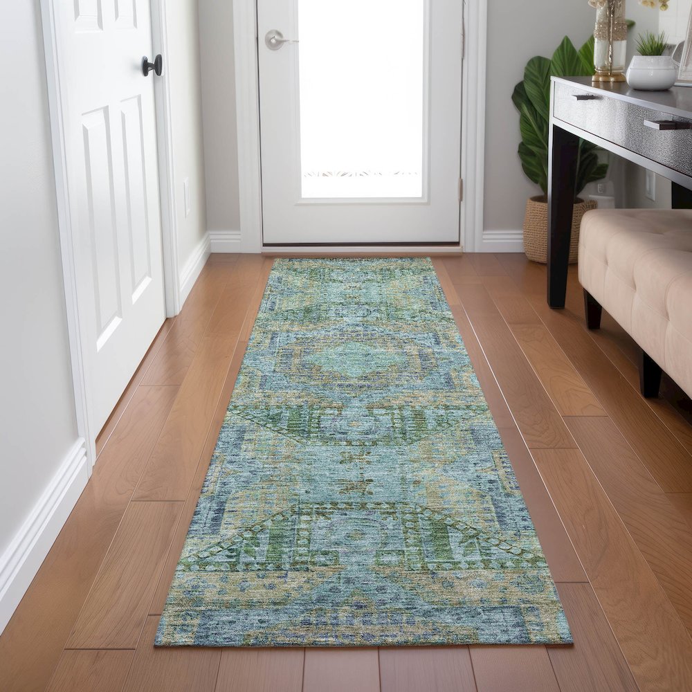 Machine Washable Indoor/Outdoor Chantille Green 2'3" x 7'6" Runner Rug. Picture 5