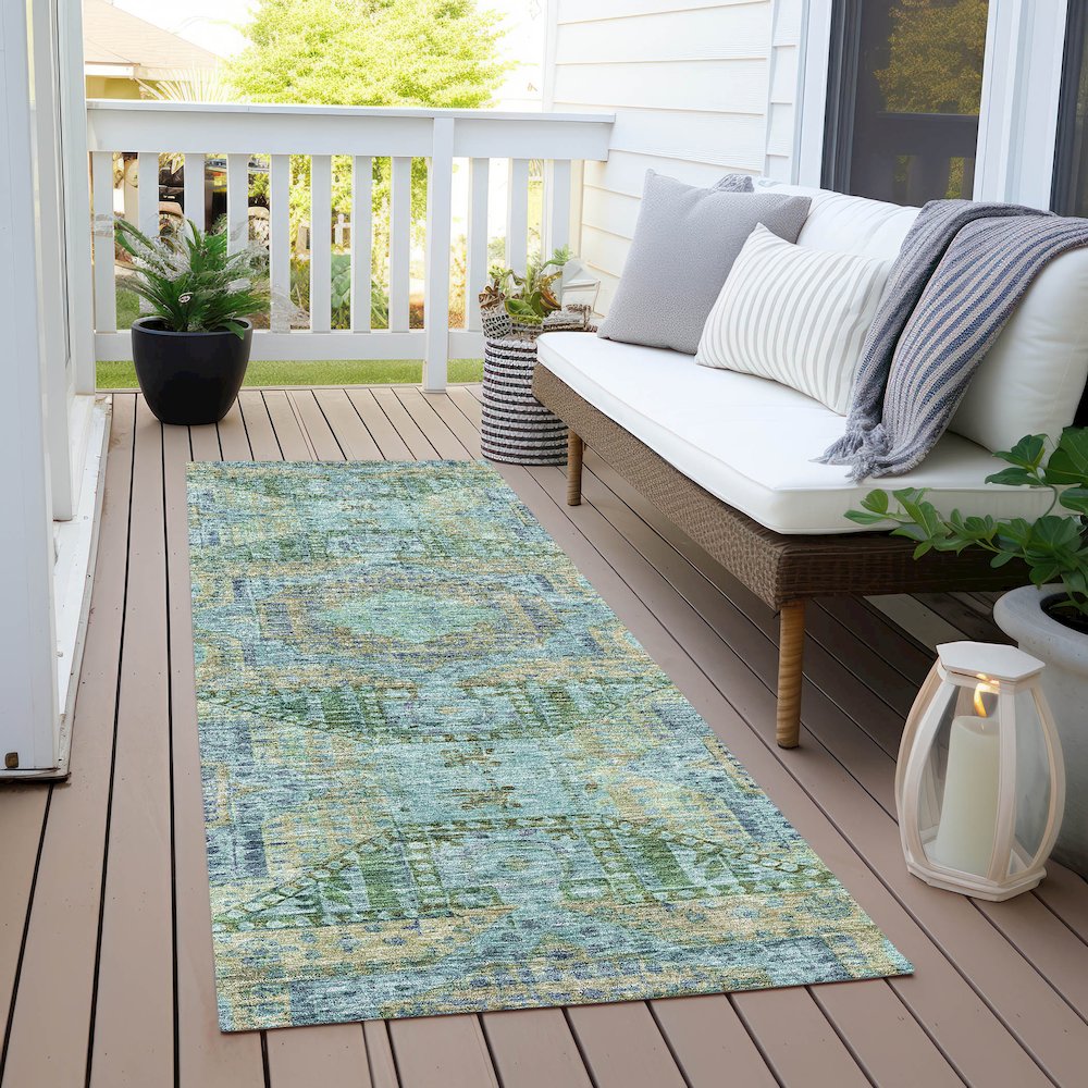 Machine Washable Indoor/Outdoor Chantille Green 2'3" x 7'6" Runner Rug. Picture 6