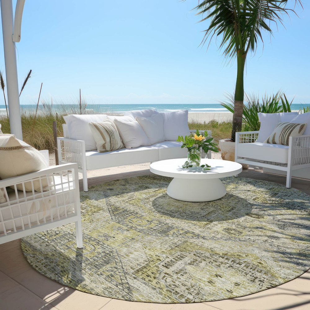 Machine Washable Indoor/Outdoor Chantille Khaki 8' x 8' Round Rug. Picture 6