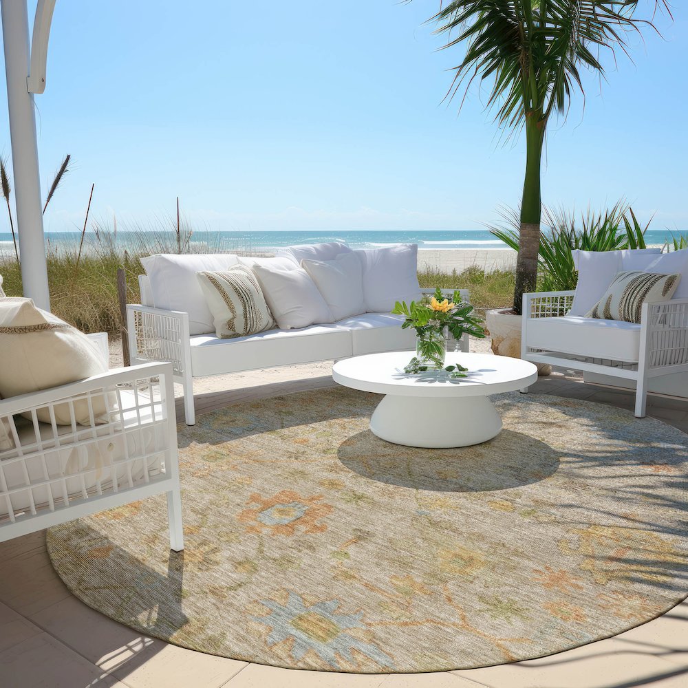 Machine Washable Indoor/Outdoor Chantille Beige 8' x 8' Round Rug. Picture 6