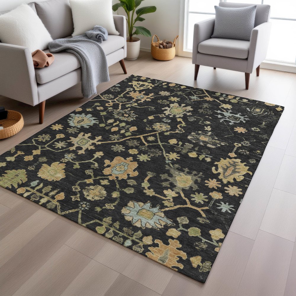 Machine Washable Indoor/Outdoor Chantille Black 2'6" x 3'10" Rug. Picture 5