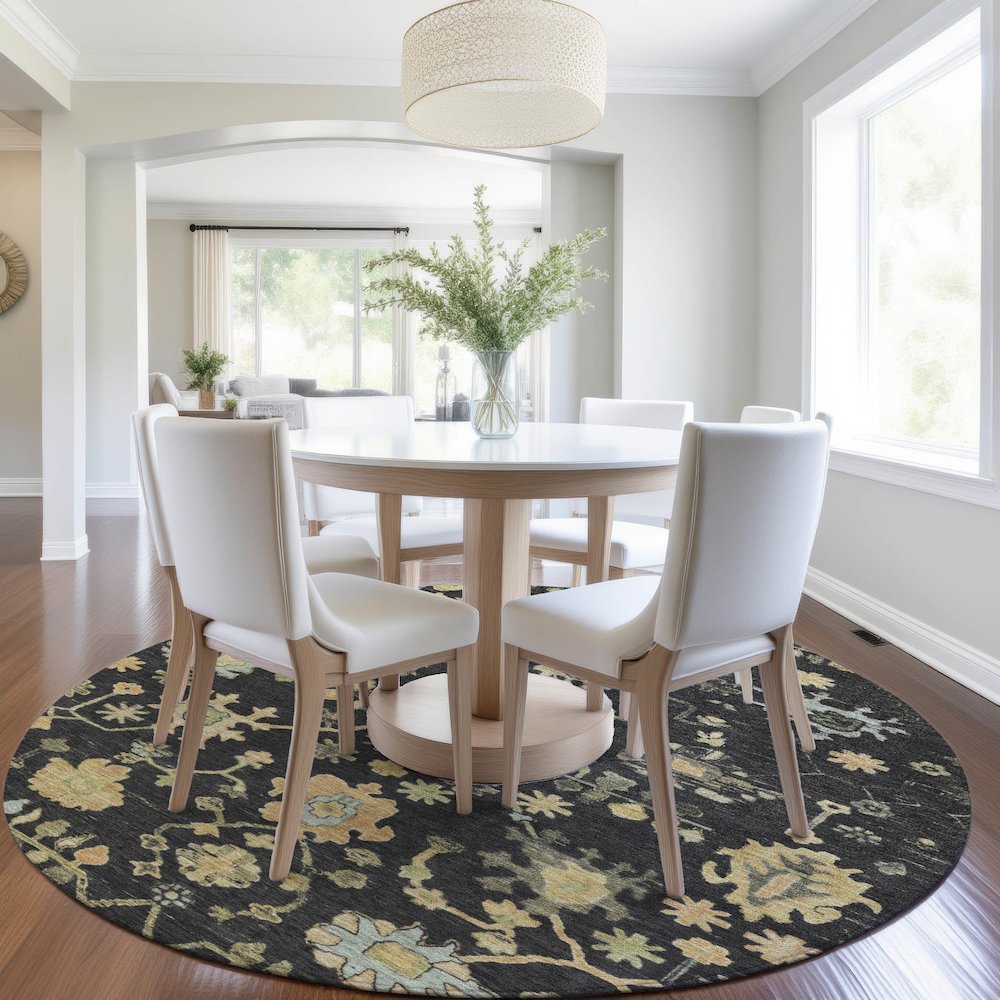 Machine Washable Indoor/Outdoor Chantille Black 8' x 8' Round Rug. Picture 5
