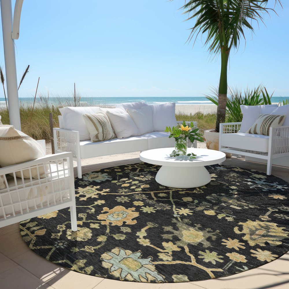 Machine Washable Indoor/Outdoor Chantille Black 8' x 8' Round Rug. Picture 6