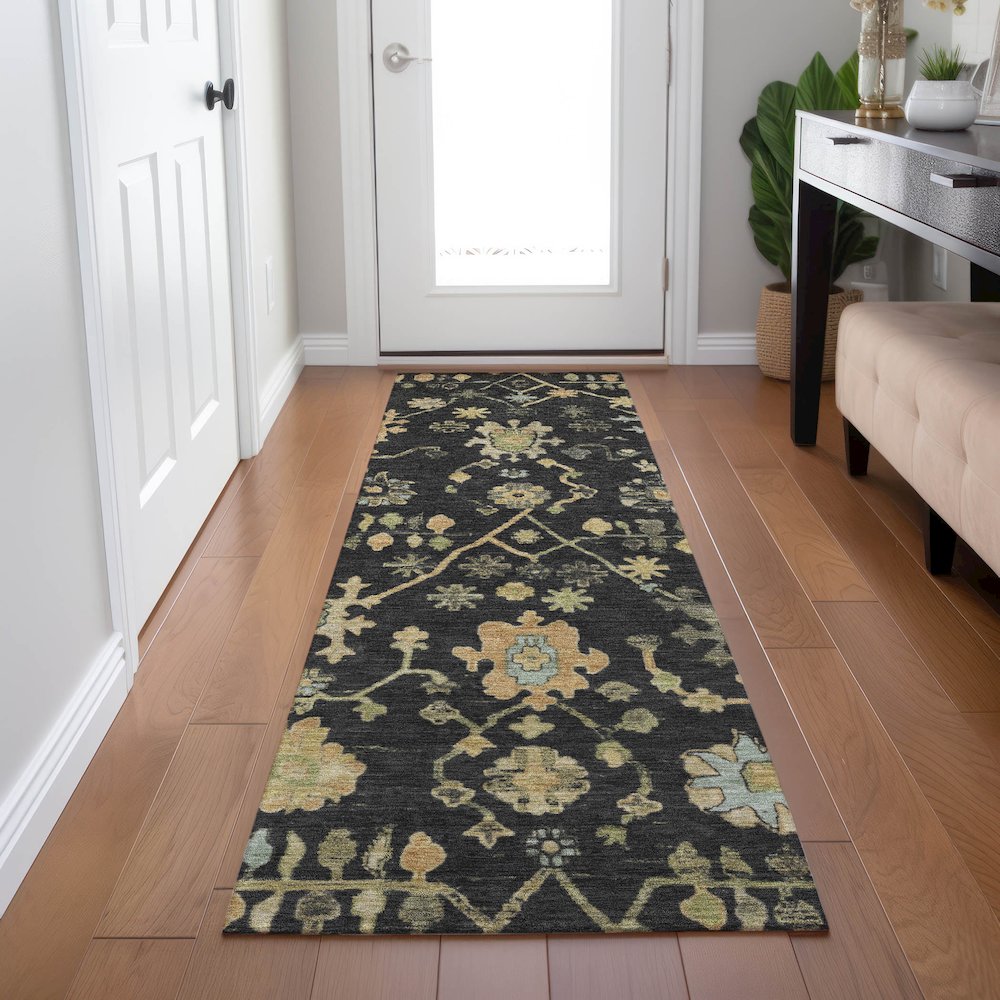 Machine Washable Indoor/Outdoor Chantille Black 2'3" x 7'6" Runner Rug. Picture 5