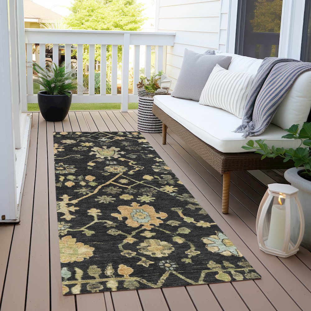Machine Washable Indoor/Outdoor Chantille Black 2'3" x 7'6" Runner Rug. Picture 6