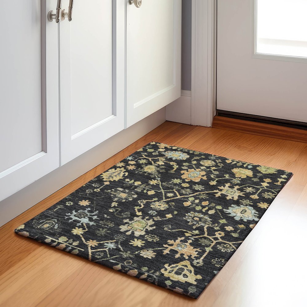 Machine Washable Indoor/Outdoor Chantille Black 1'8" x 2'6" Rug. Picture 5