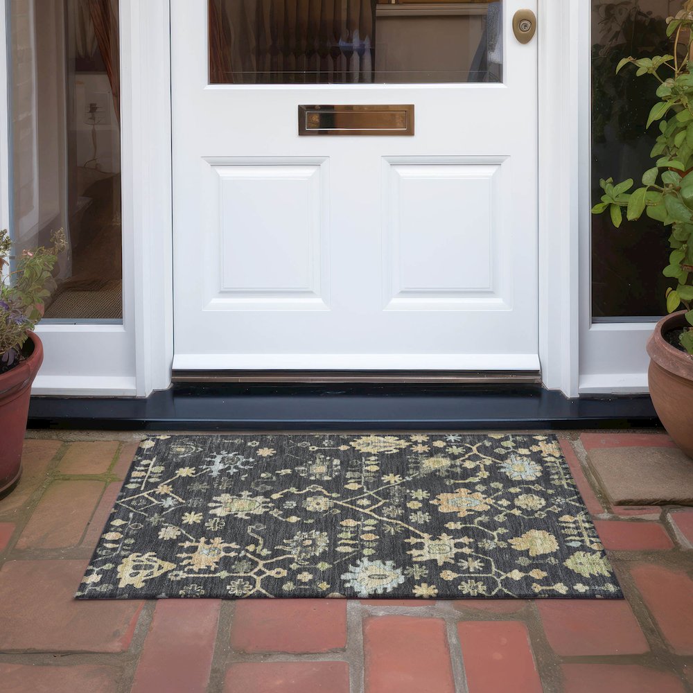 Machine Washable Indoor/Outdoor Chantille Black 1'8" x 2'6" Rug. Picture 6