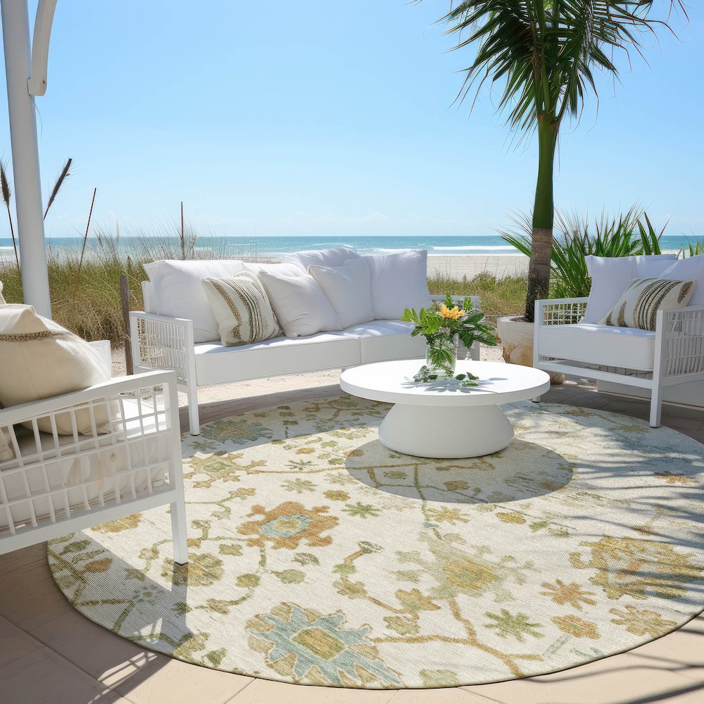Machine Washable Indoor/Outdoor Chantille Ivory 8' x 8' Round Rug. Picture 6