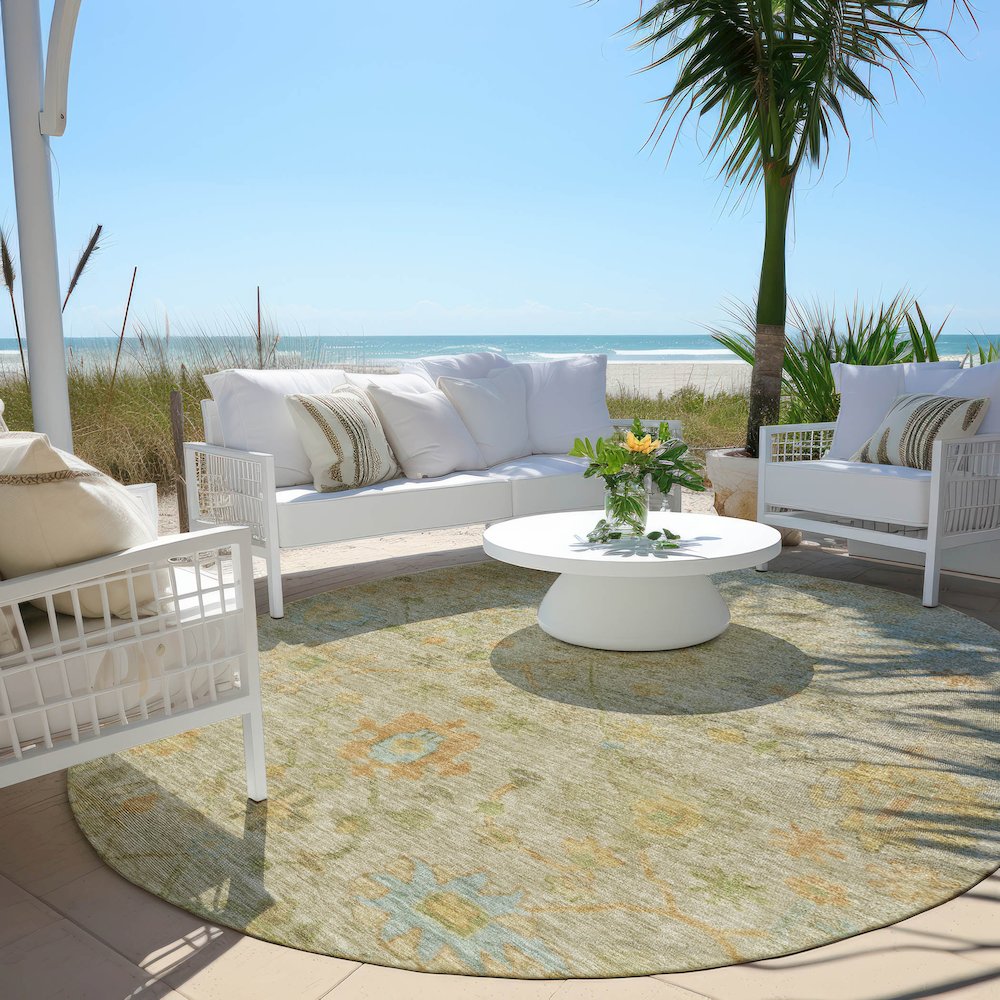 Machine Washable Indoor/Outdoor Chantille Khaki 8' x 8' Round Rug. Picture 6