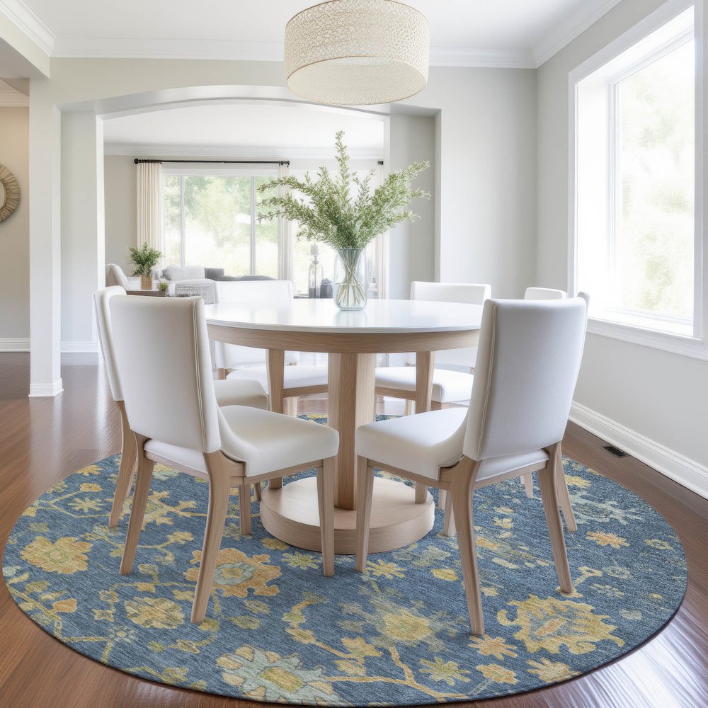 Machine Washable Indoor/Outdoor Chantille Navy 8' x 8' Round Rug. Picture 5