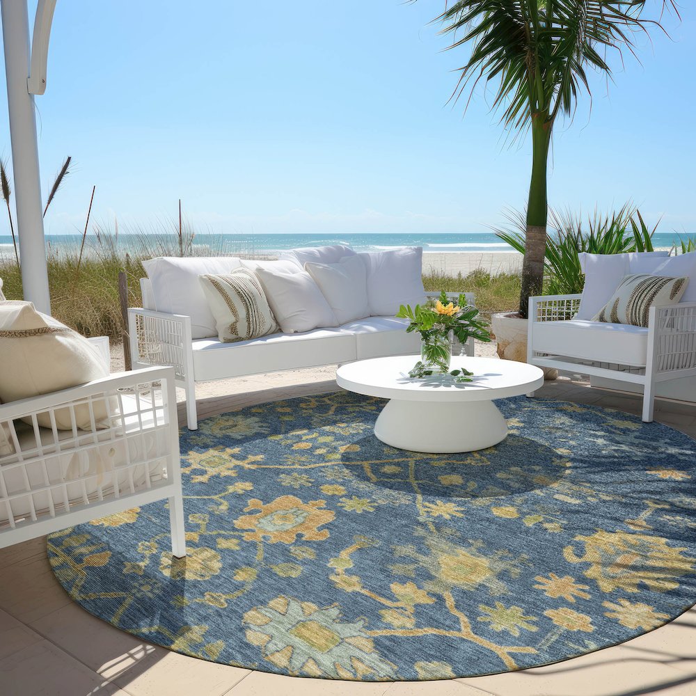 Machine Washable Indoor/Outdoor Chantille Navy 8' x 8' Round Rug. Picture 6