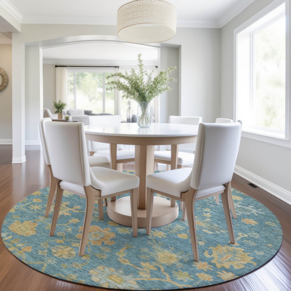 Machine Washable Indoor/Outdoor Chantille Teal 8' x 8' Round Rug. Picture 5