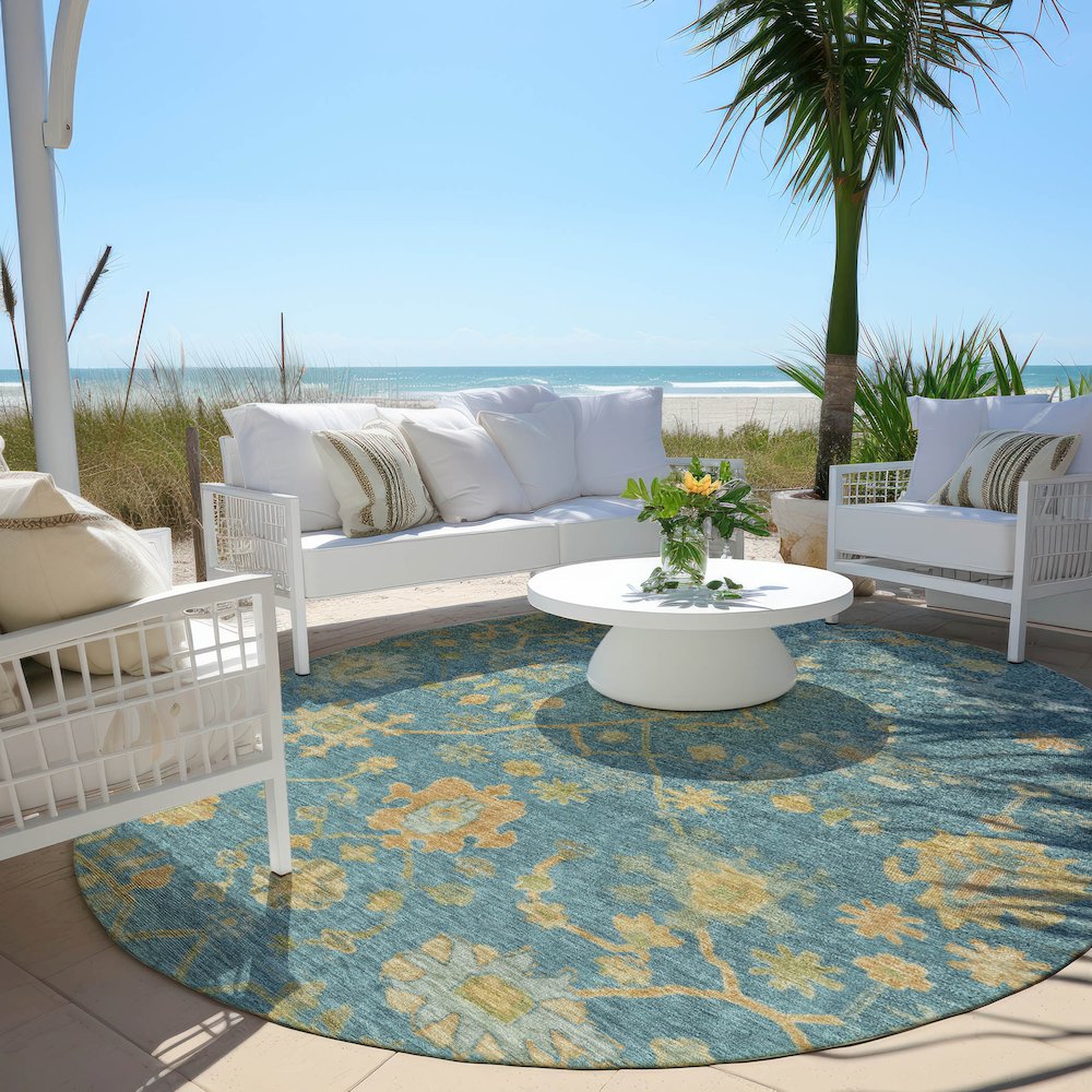 Machine Washable Indoor/Outdoor Chantille Teal 8' x 8' Round Rug. Picture 6
