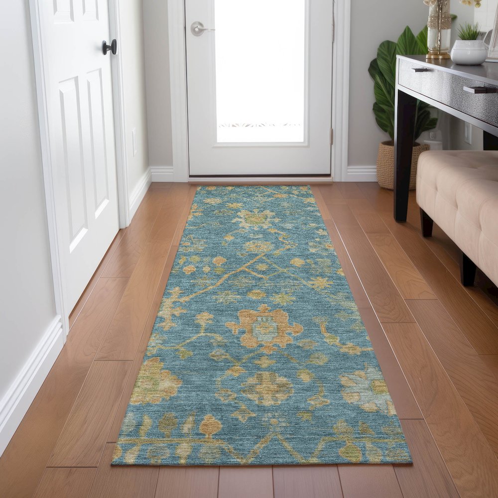 Machine Washable Indoor/Outdoor Chantille Teal 2'3" x 7'6" Runner Rug. Picture 5
