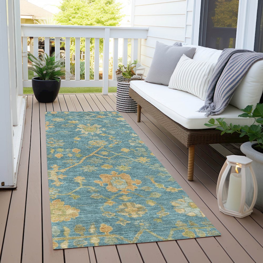 Machine Washable Indoor/Outdoor Chantille Teal 2'3" x 7'6" Runner Rug. Picture 6