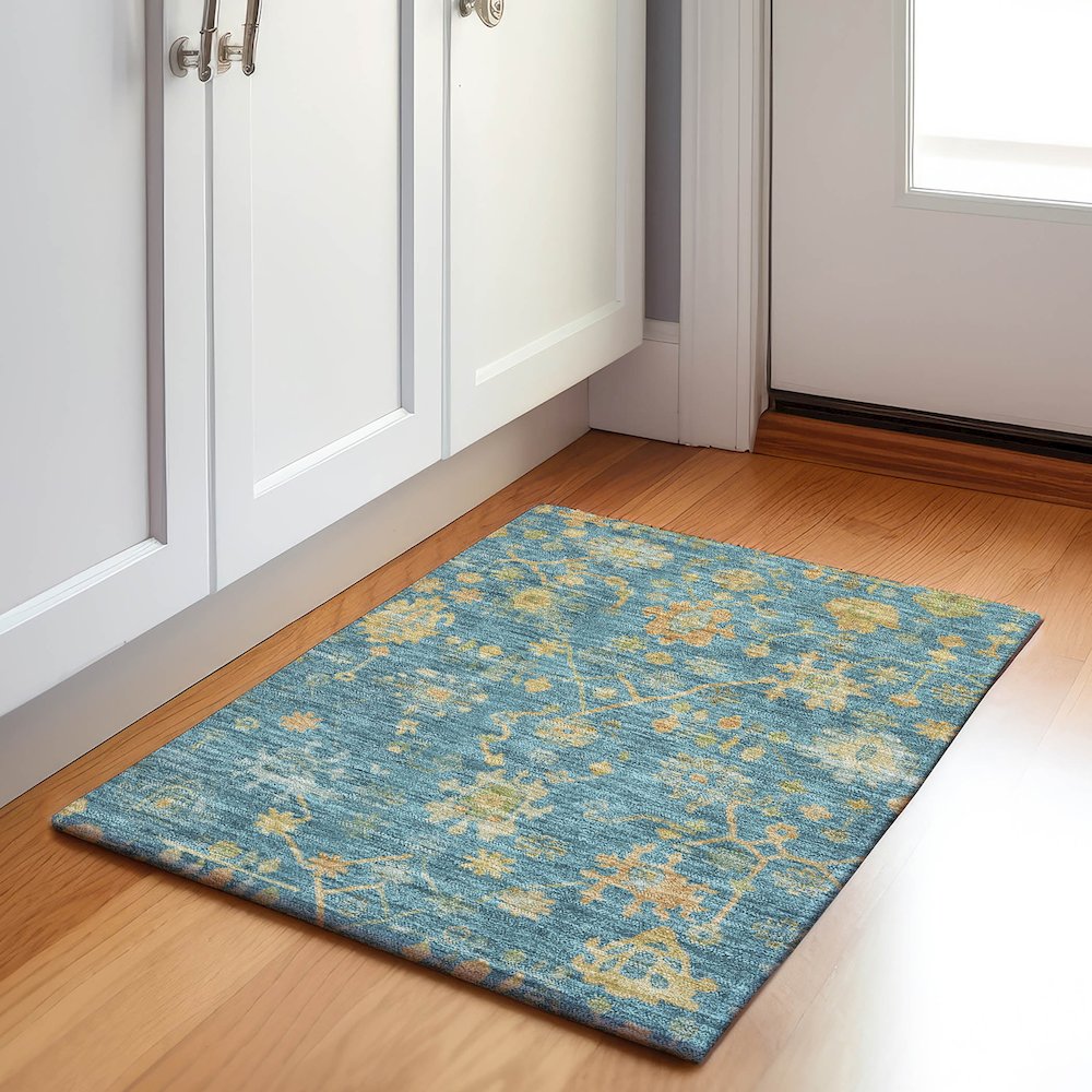 Machine Washable Indoor/Outdoor Chantille Teal 1'8" x 2'6" Rug. Picture 5