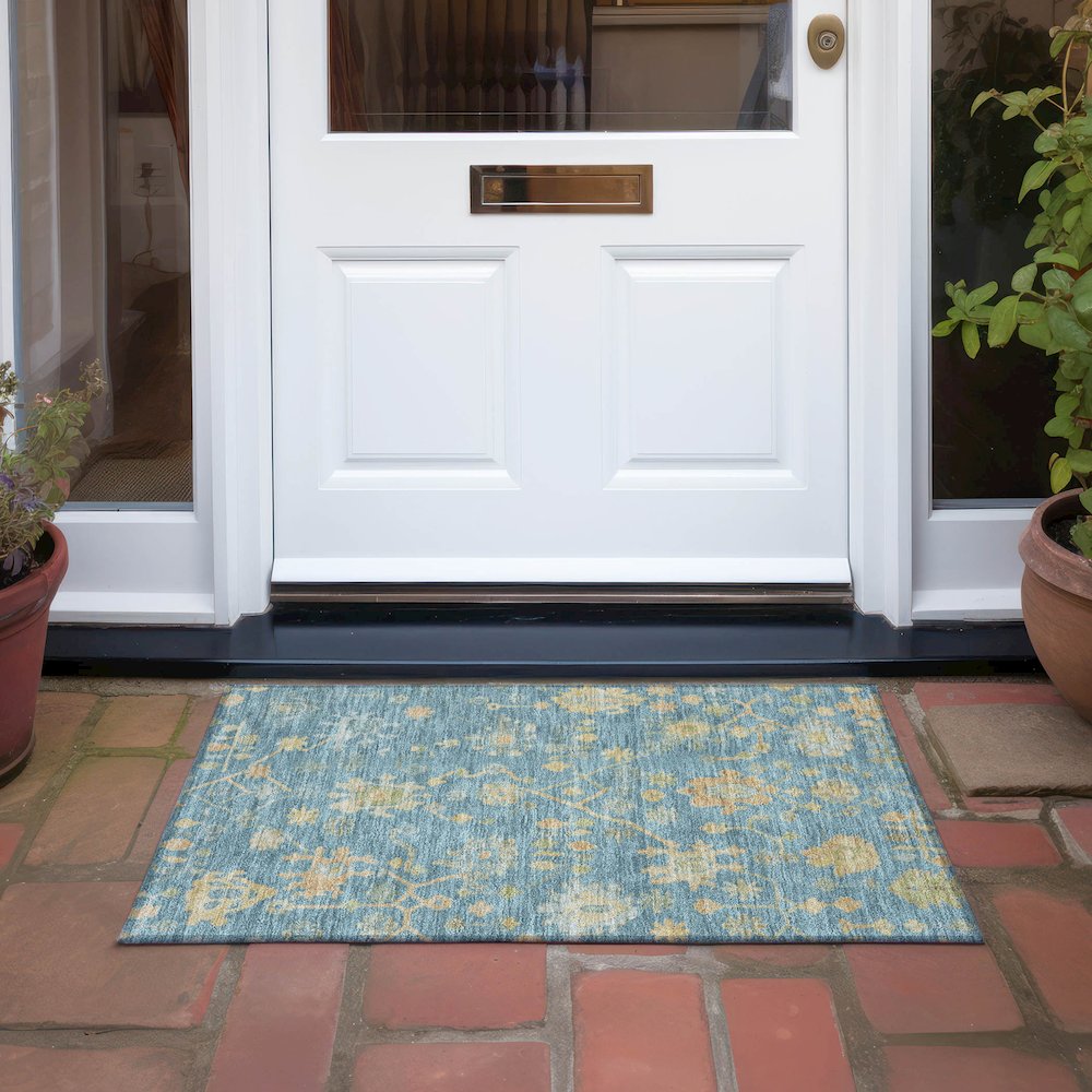Machine Washable Indoor/Outdoor Chantille Teal 1'8" x 2'6" Rug. Picture 6