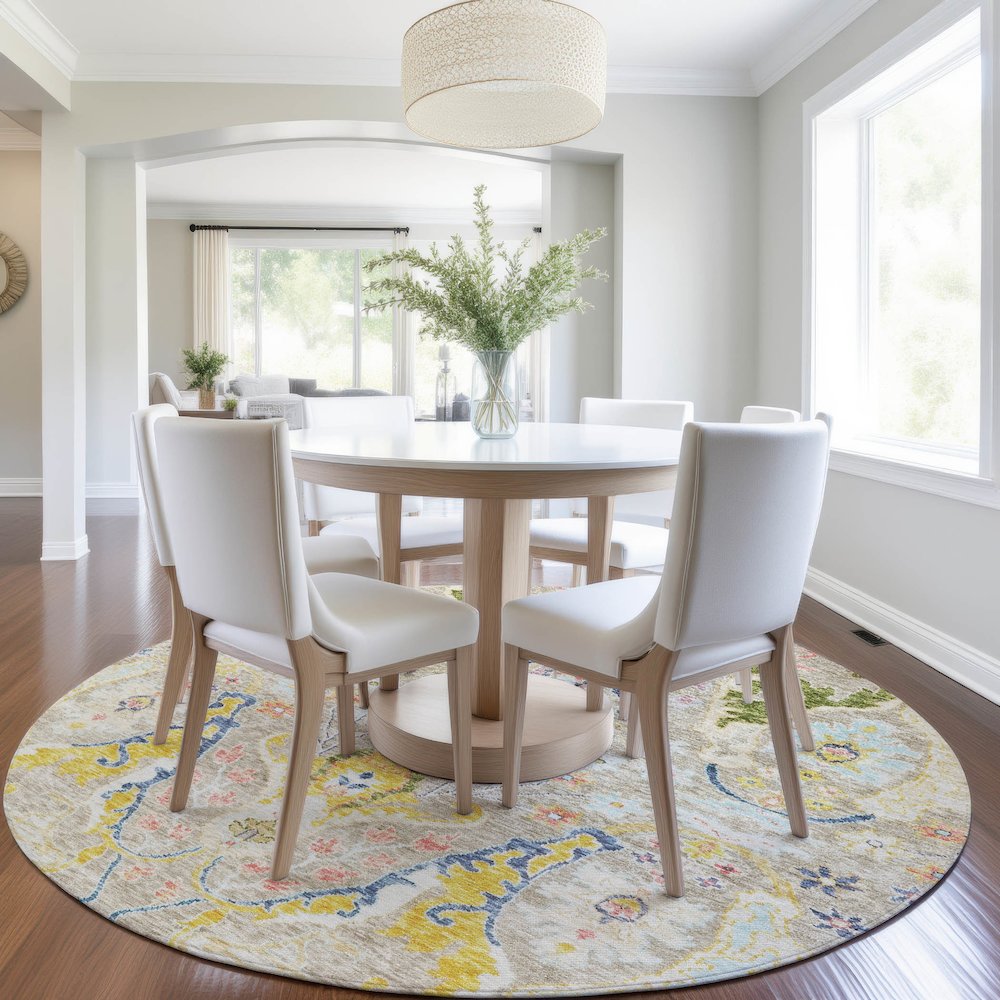 Machine Washable Indoor/Outdoor Chantille Beige 8' x 8' Round Rug. Picture 5
