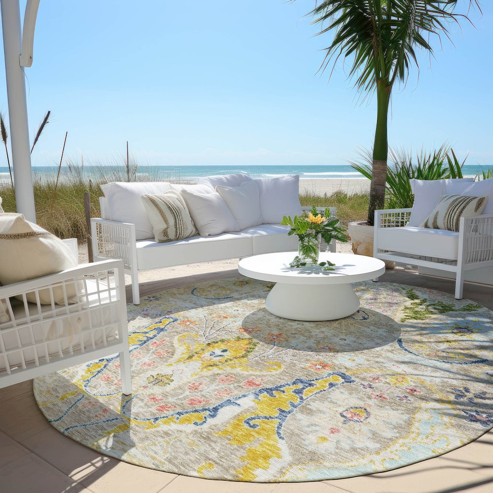 Machine Washable Indoor/Outdoor Chantille Beige 8' x 8' Round Rug. Picture 6