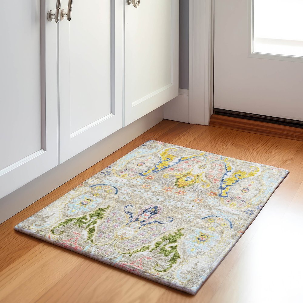 Machine Washable Indoor/Outdoor Chantille Beige 1'8" x 2'6" Rug. Picture 5